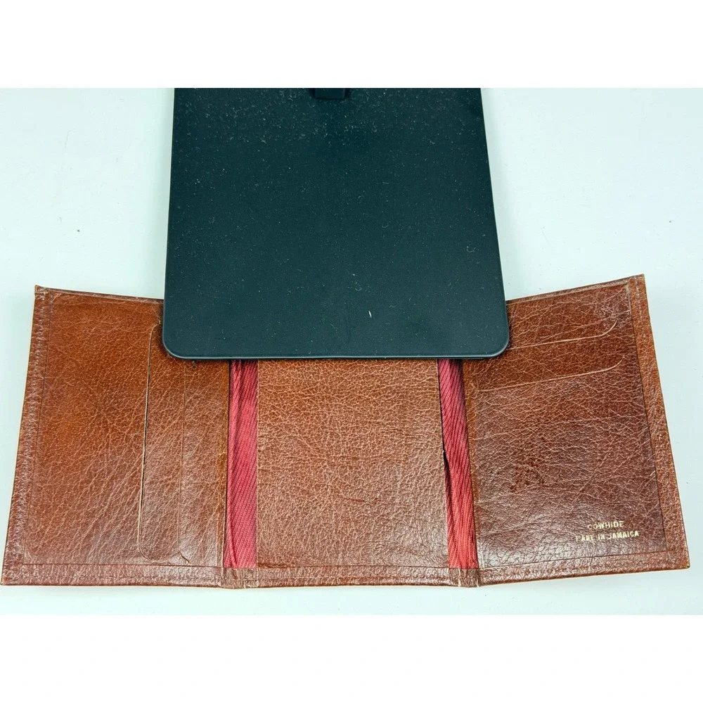 Vintage Brown Cowhide Leather Trifold Wallet Made in Jamaica Mens Slim Billfold